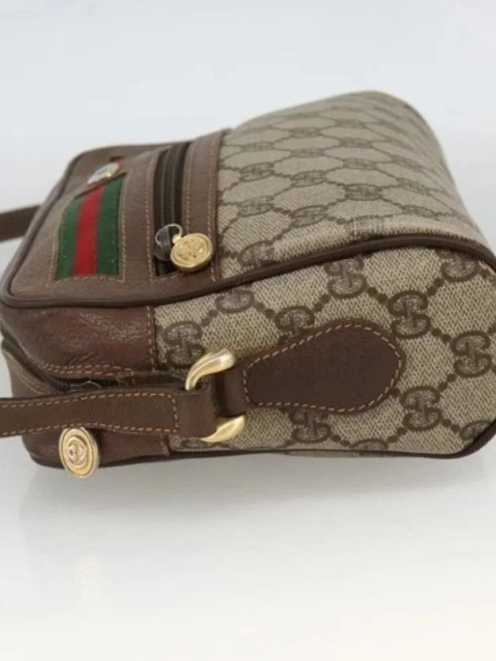 GUCCI GG Supreme Web Sherry Line Bag PVC Beige Gold 001 115 6655 Auth BAZ128